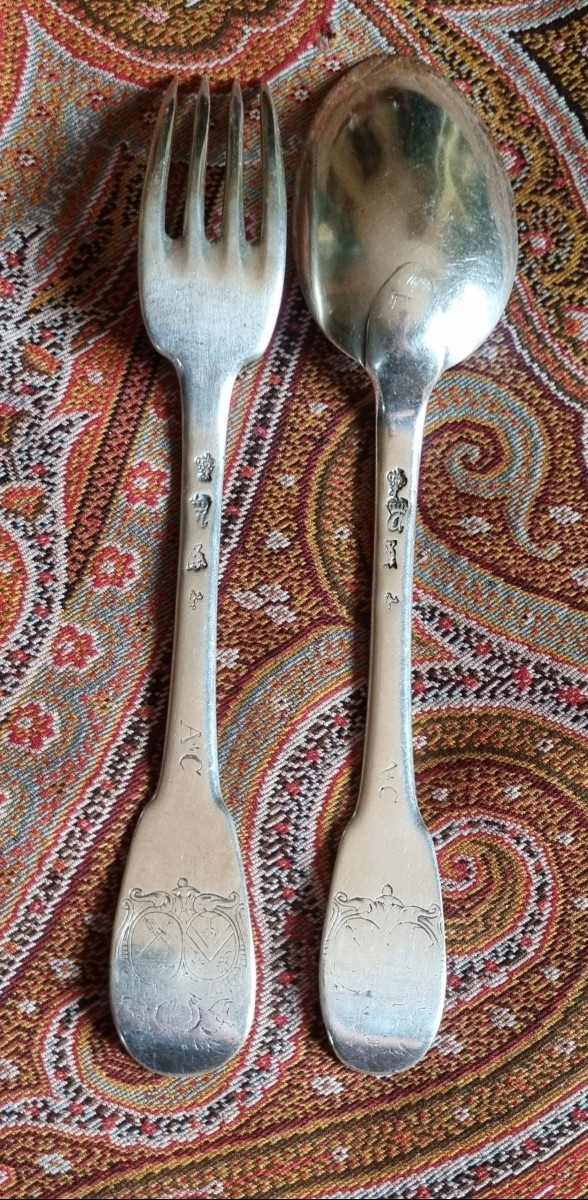 Solid Silver Covered Plate, Farmers General, Coat Of Arms, 18th Century, Single Plate, Fork, Spoon -photo-3