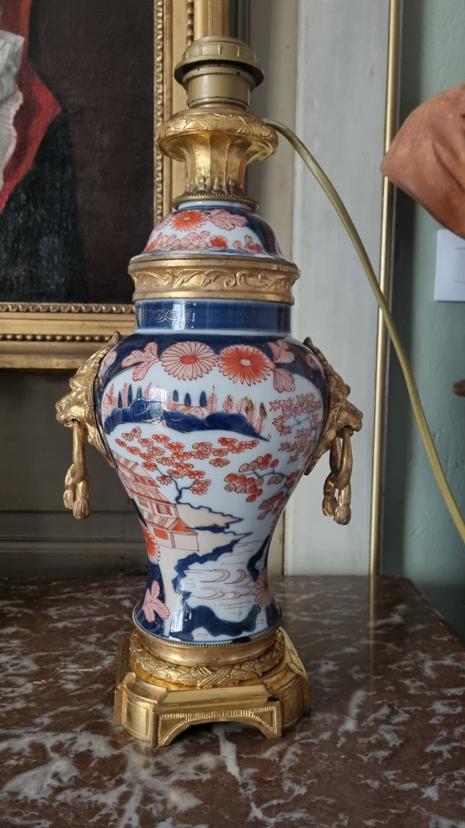 PIED DE LAMPE PORCELAINE IMARI EPOQUE NAPOLÉON III BRONZE DORÉ-photo-2