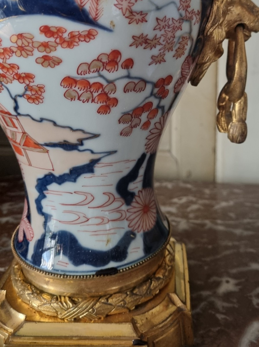 PIED DE LAMPE PORCELAINE IMARI EPOQUE NAPOLÉON III BRONZE DORÉ-photo-3