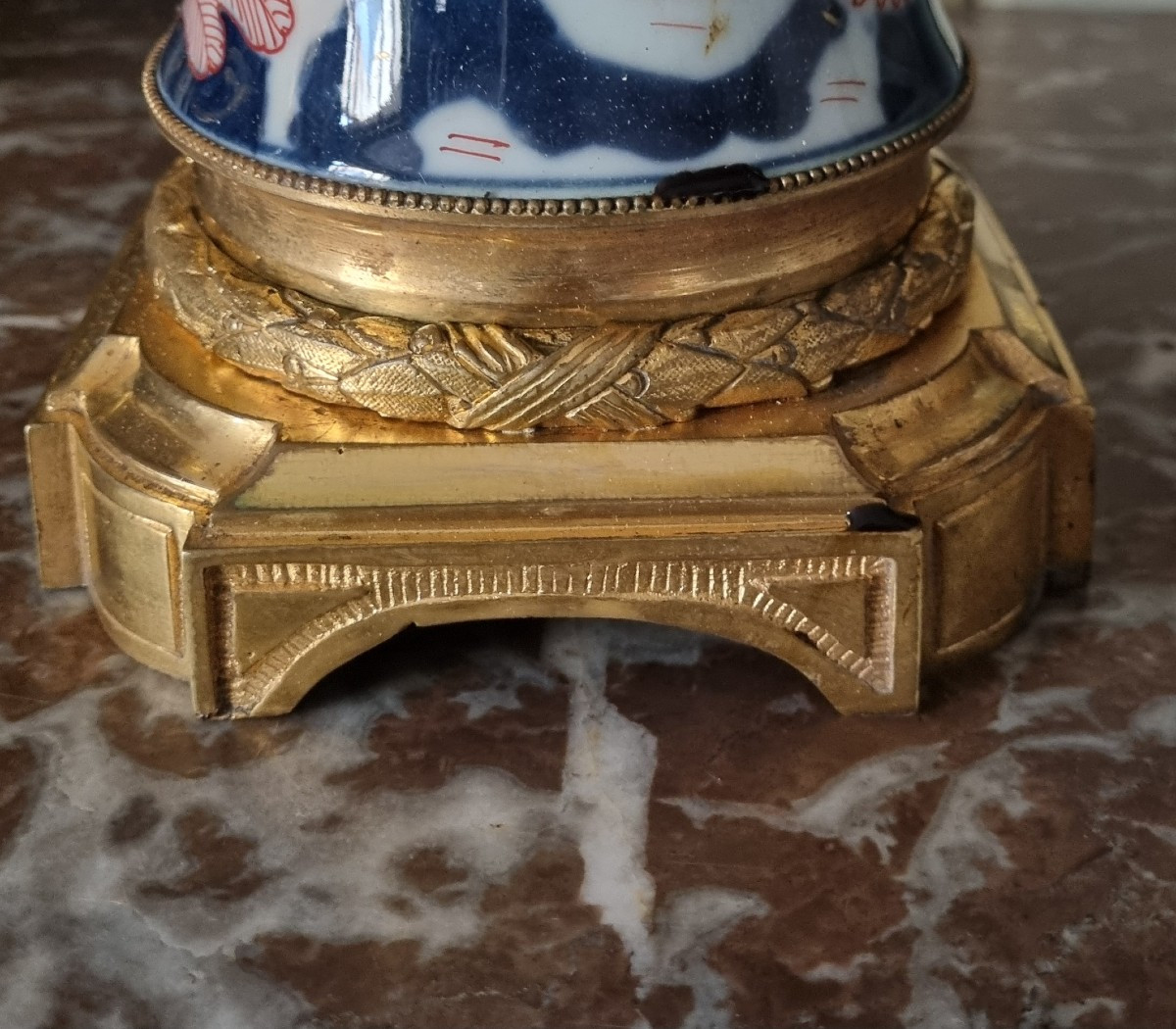 PIED DE LAMPE PORCELAINE IMARI EPOQUE NAPOLÉON III BRONZE DORÉ-photo-4
