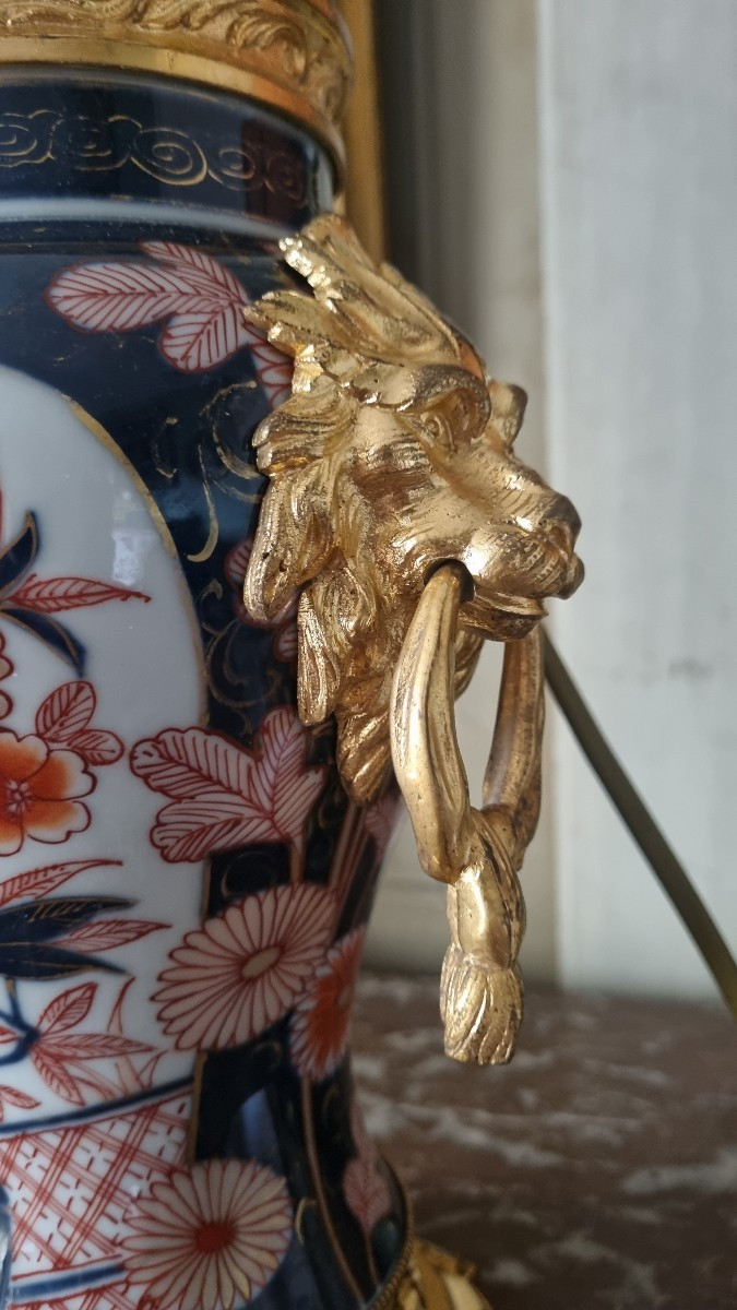 PIED DE LAMPE PORCELAINE IMARI EPOQUE NAPOLÉON III BRONZE DORÉ-photo-1