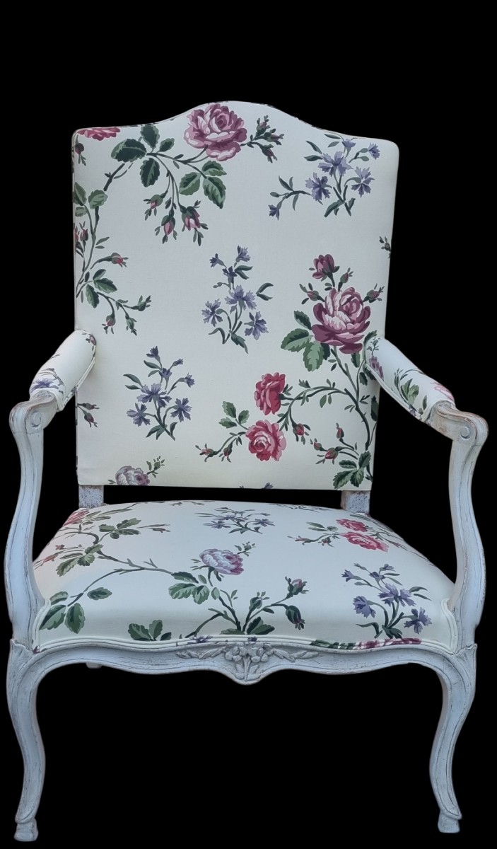 Large Armchair, Louis XV Period, 18th Century, Le Manach Fabric-photo-2