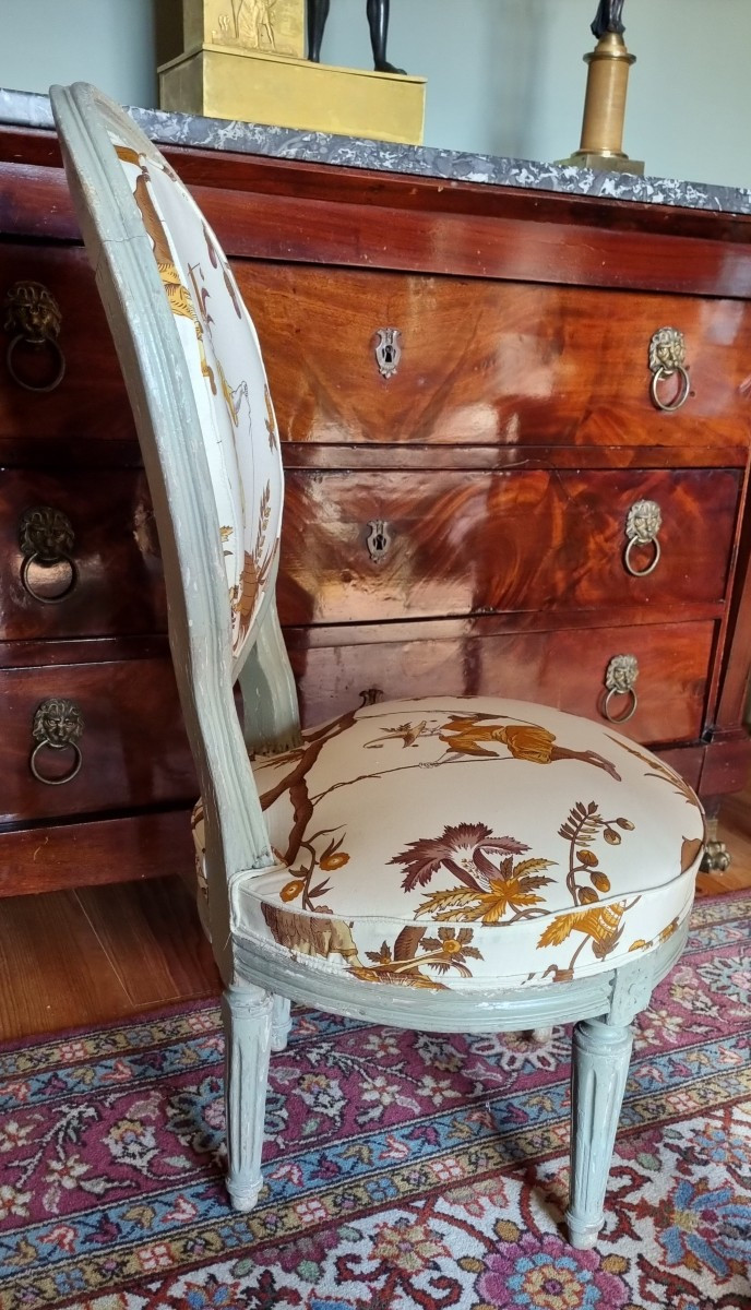 PETITE CHAUFFEUSE CHAISE STYLE LOUIS XVI TISSU LE MANACH PIERRE FREY-photo-3