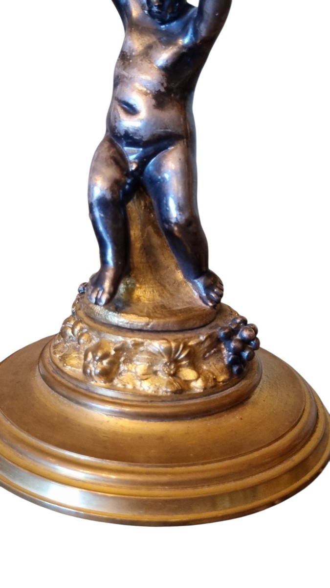 Pair Of Gilt Bronze Toilet Candlesticks By Fridinand Barbedienne, Napoleon III Period, Putti-photo-2