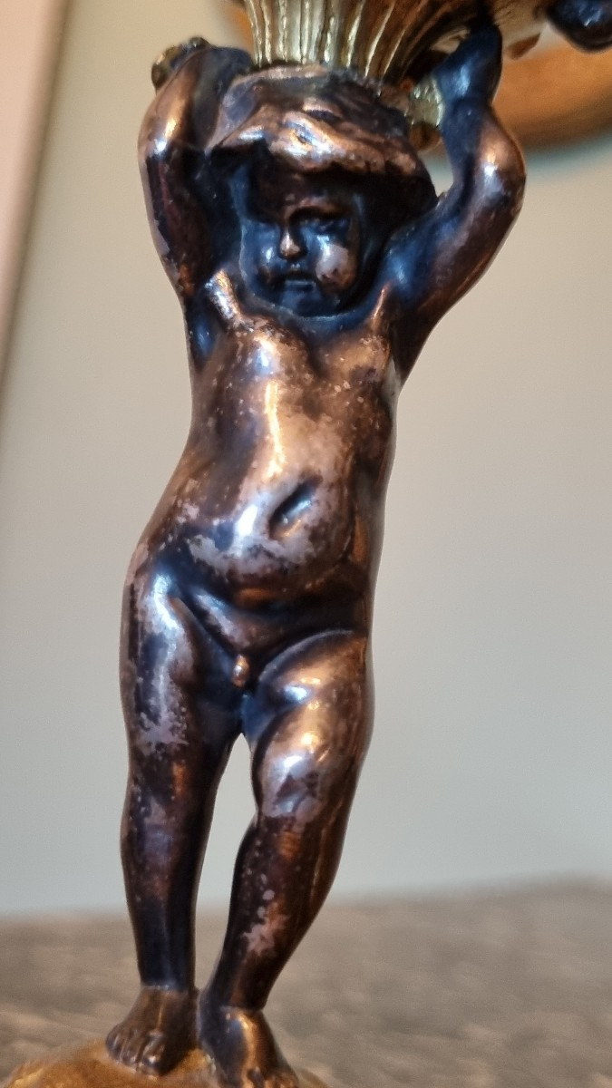 Pair Of Gilt Bronze Toilet Candlesticks By Fridinand Barbedienne, Napoleon III Period, Putti-photo-3