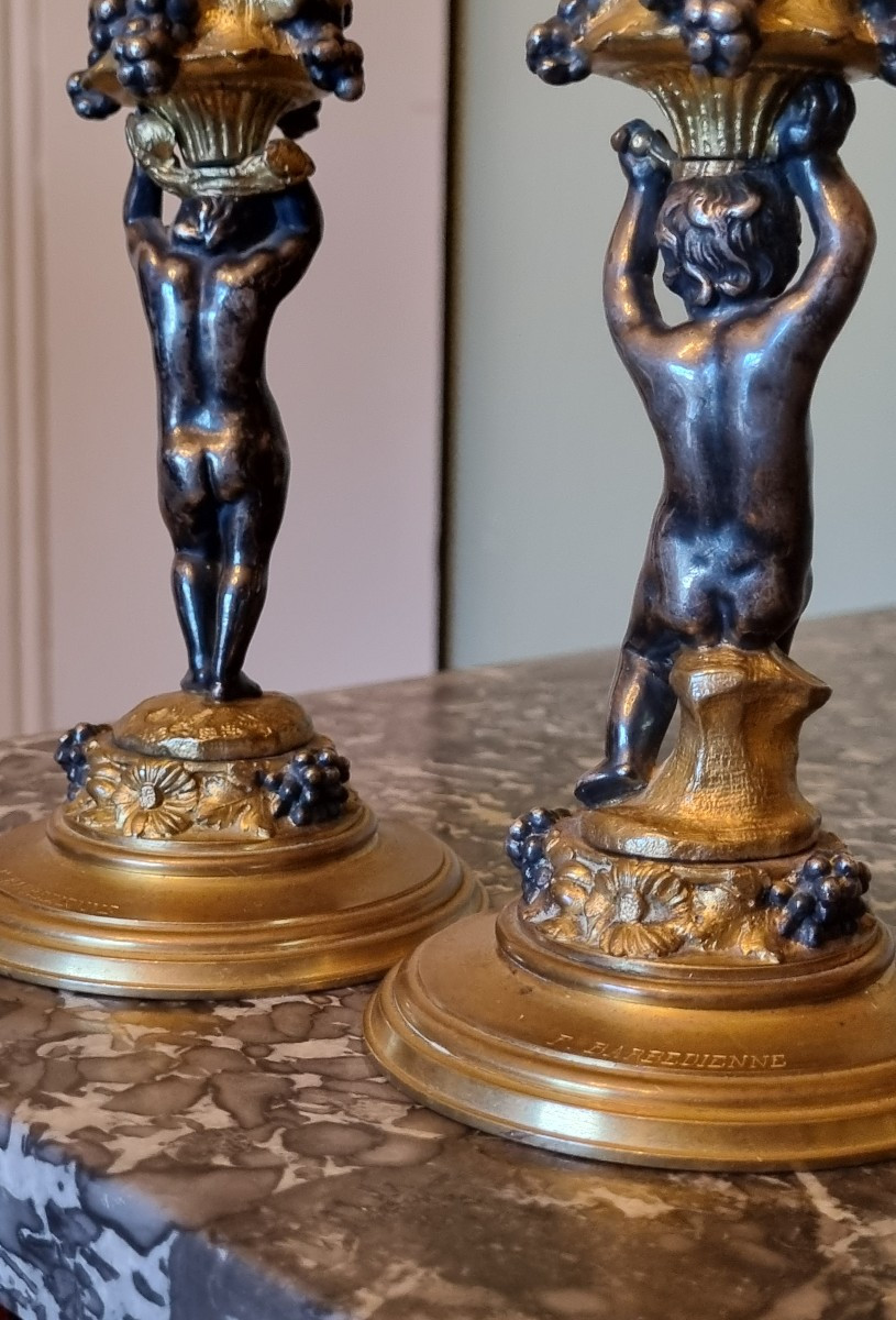 Pair Of Gilt Bronze Toilet Candlesticks By Fridinand Barbedienne, Napoleon III Period, Putti-photo-4