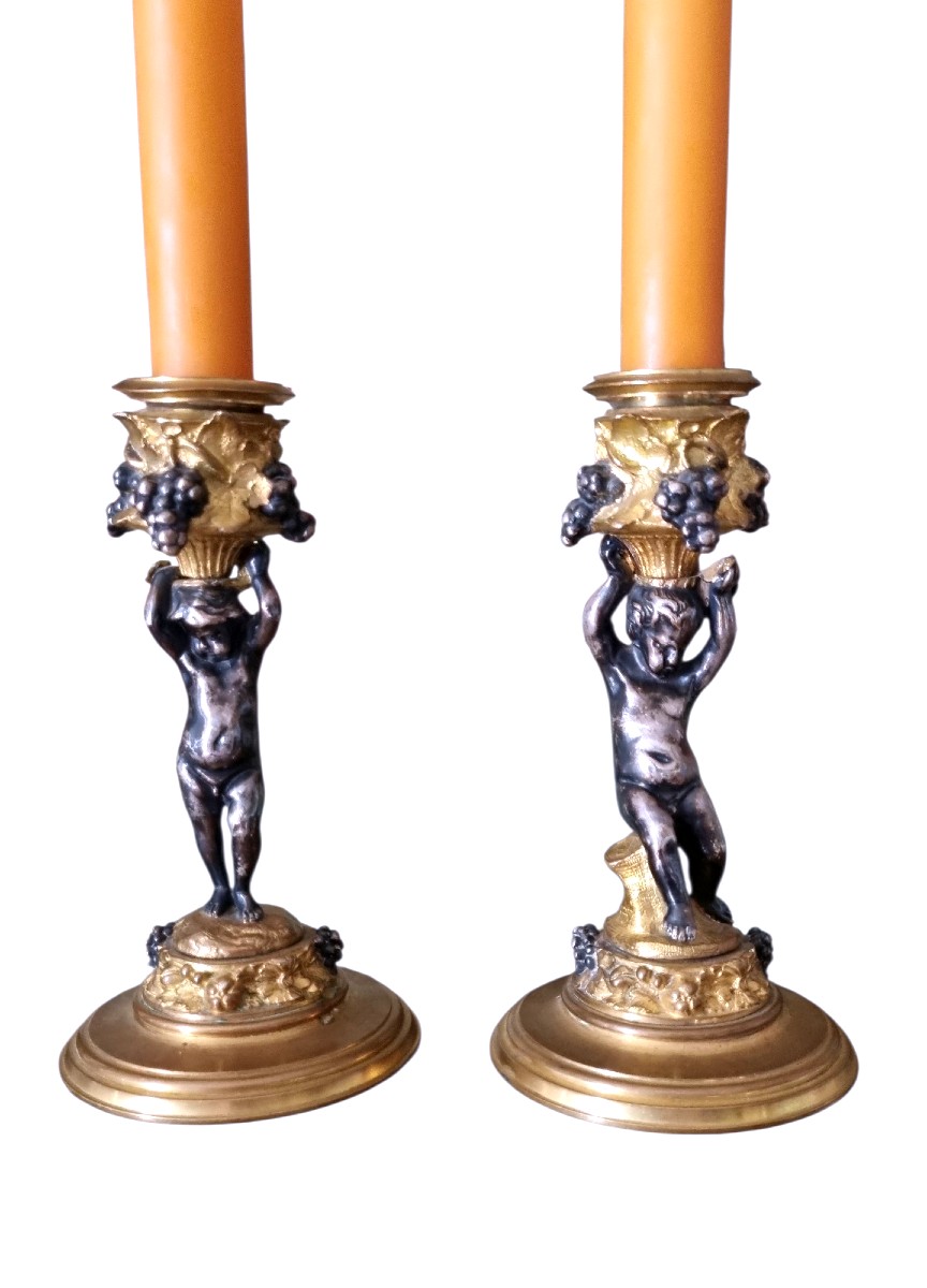 Pair Of Gilt Bronze Toilet Candlesticks By Fridinand Barbedienne, Napoleon III Period, Putti