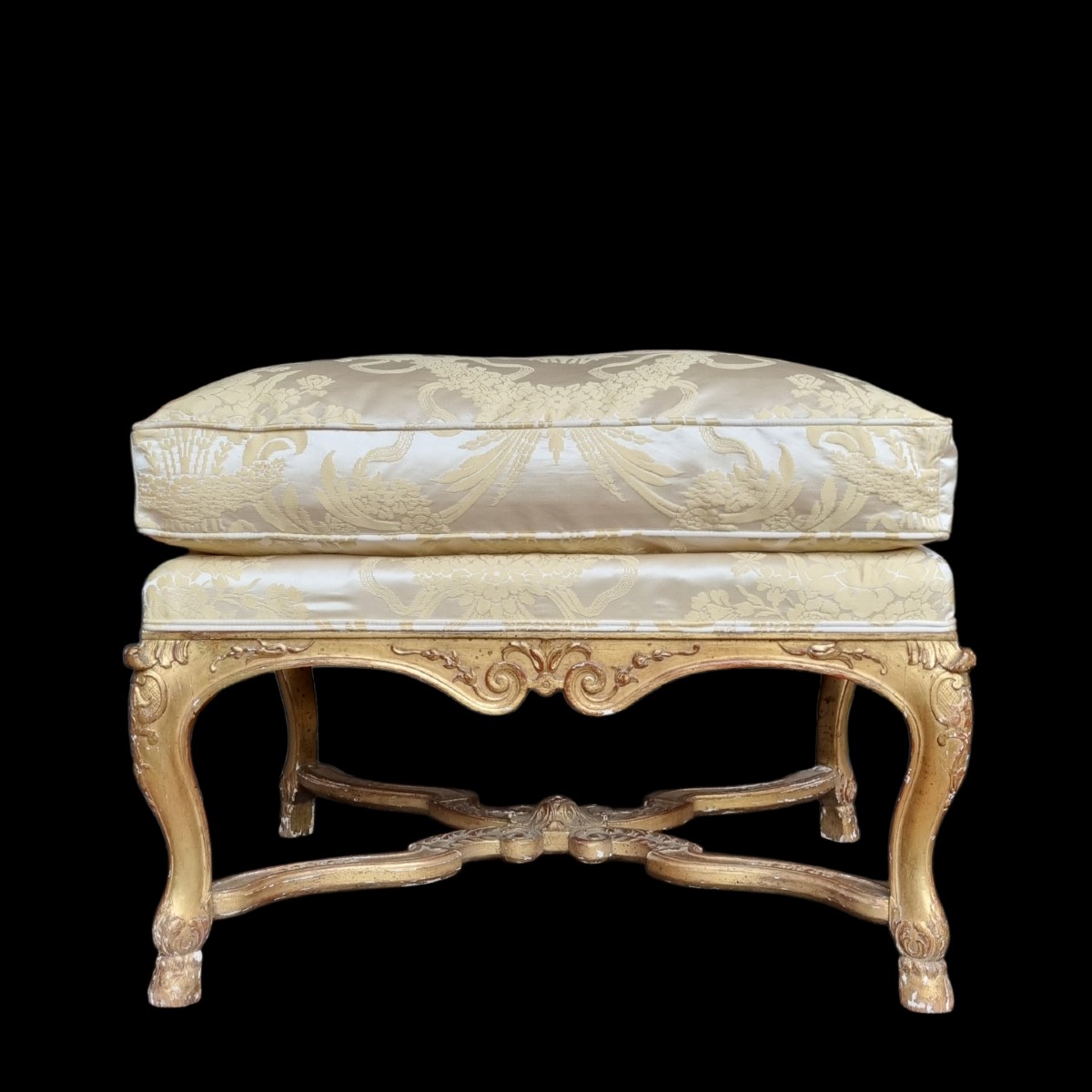 GRAND TABOURET POUF STYLE LOUIS XV RÉGENCE BOIS DORÉ 