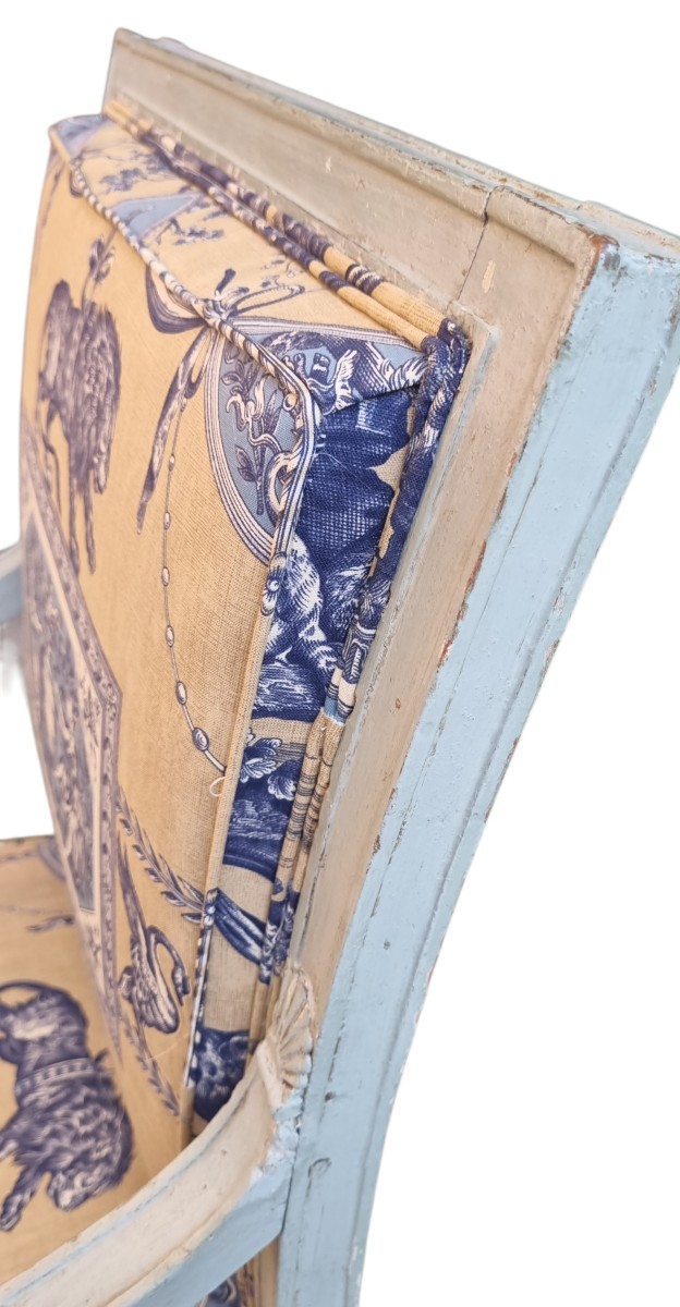 Directoire Period Armchair, Late 18th Century, Braquenie Toile De Jouy Fabric -photo-3