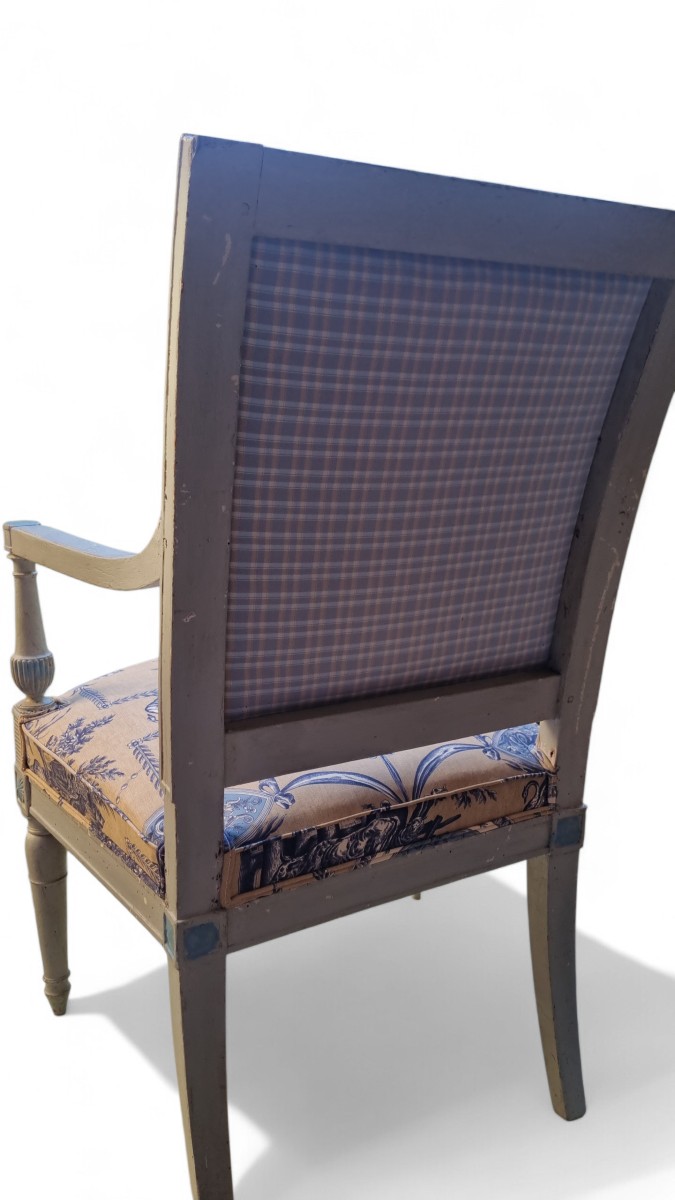 Directoire Period Armchair, Late 18th Century, Braquenie Toile De Jouy Fabric -photo-4