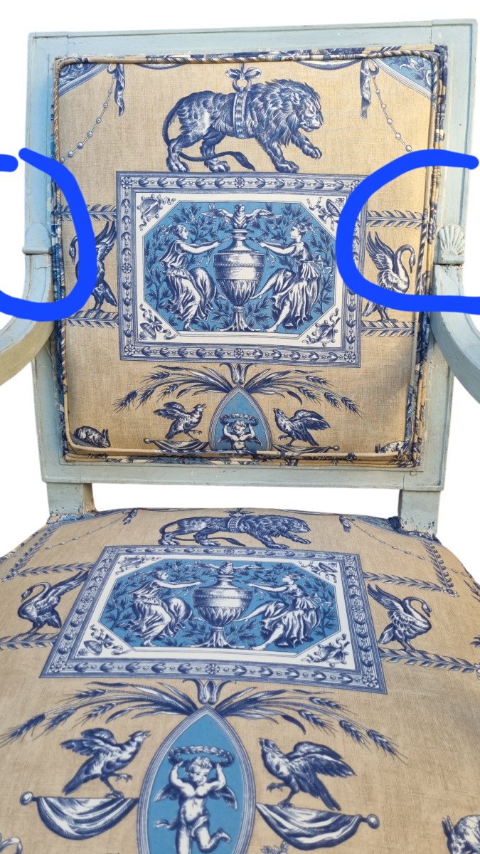 Directoire Period Armchair, Late 18th Century, Braquenie Toile De Jouy Fabric -photo-1