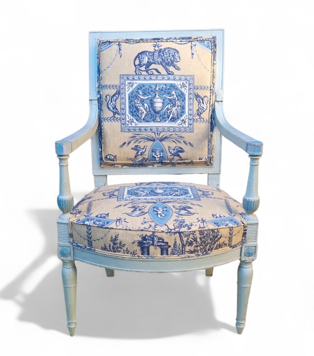 Directoire Period Armchair, Late 18th Century, Braquenie Toile De Jouy Fabric 