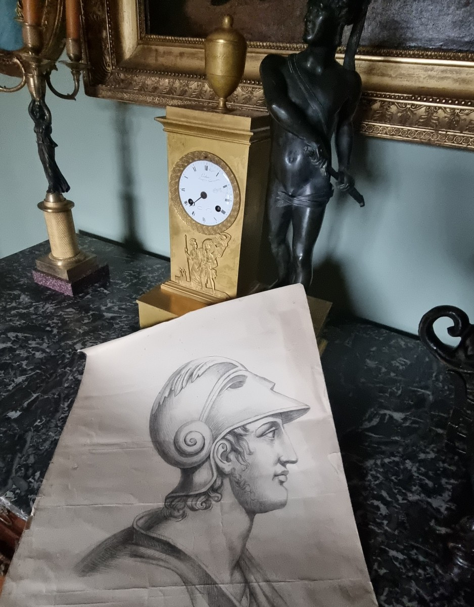 DESSIN JEUNE GUERRIER À L'ANTIQUE EPOQUE XIXe ANTIQUITÉ-photo-2