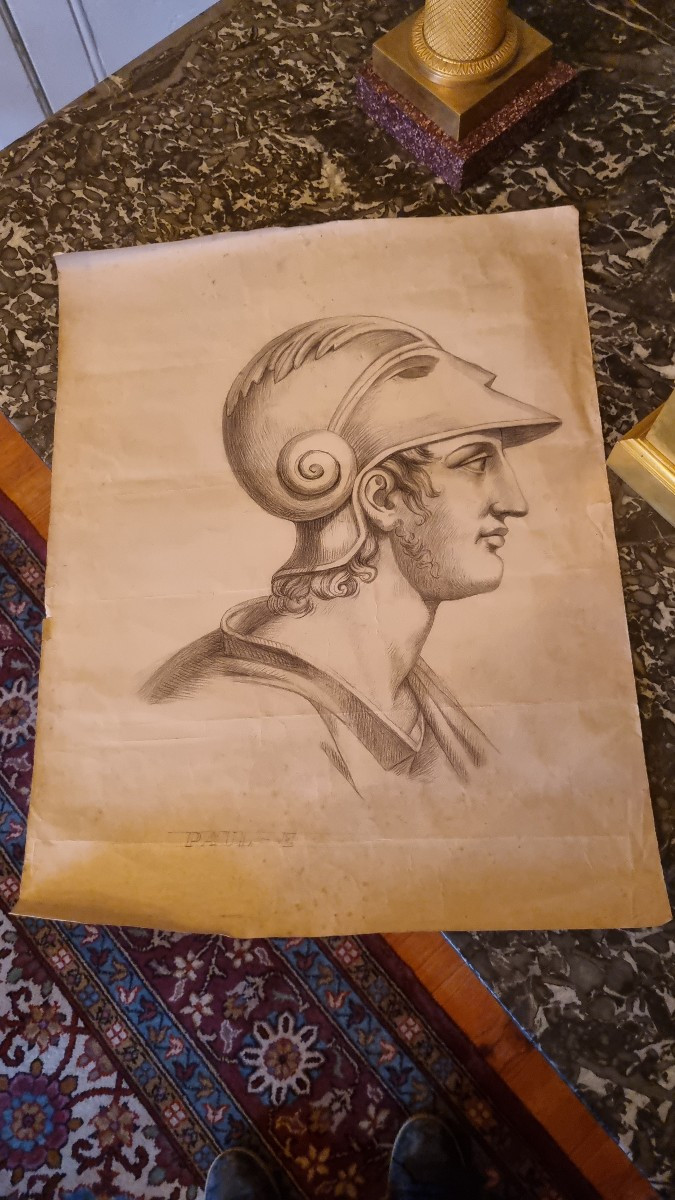 DESSIN JEUNE GUERRIER À L'ANTIQUE EPOQUE XIXe ANTIQUITÉ