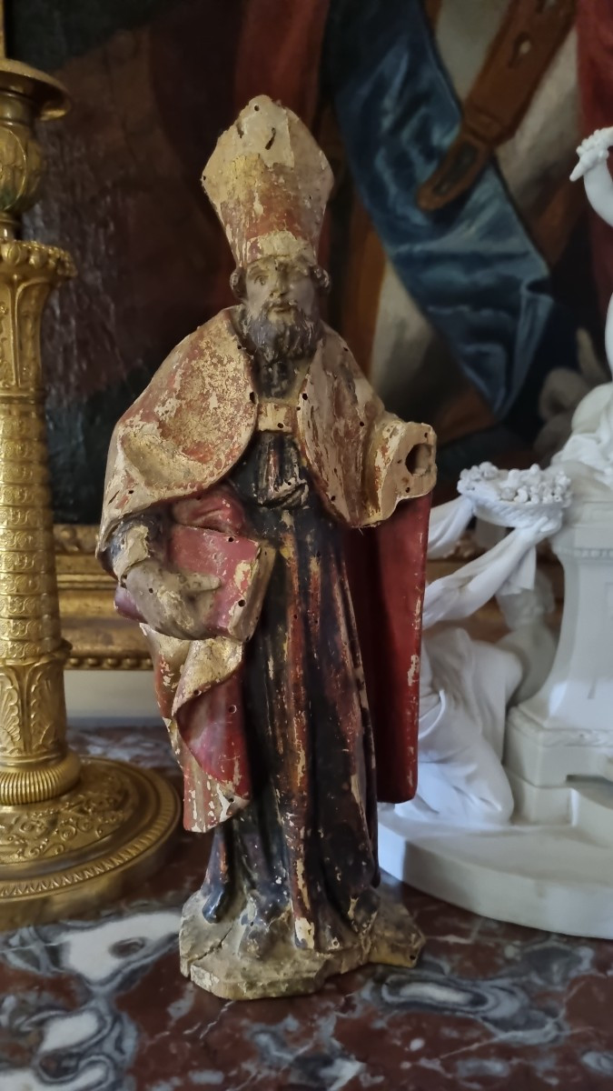 Carved Wooden Statue Of A Bishop, 18th Century, 31 Cm-photo-1