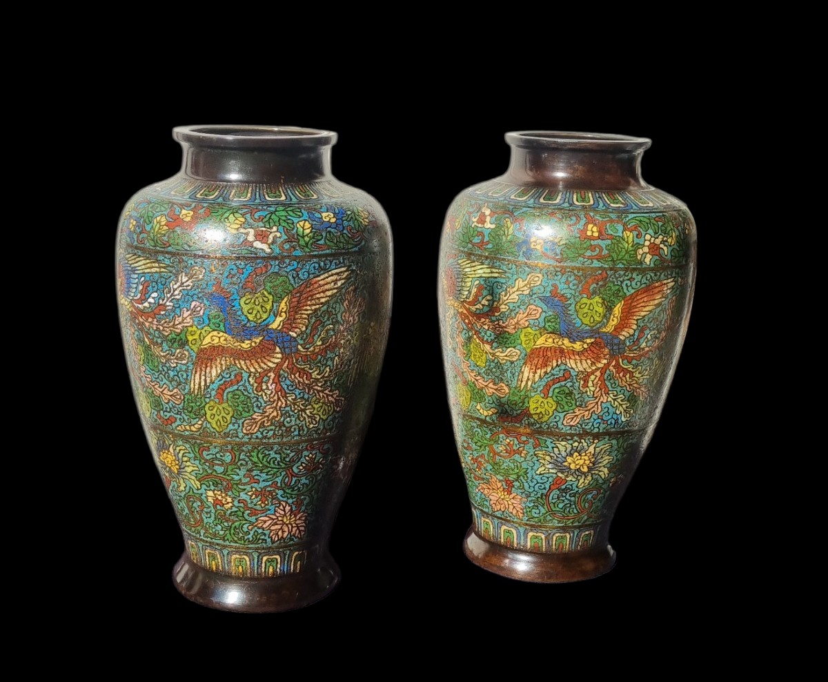 Pair Of Japanese Cloisonné Bronze Vases, 19th Century 