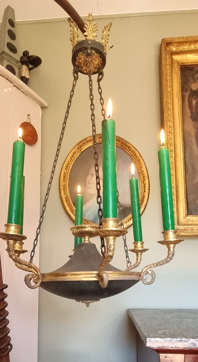 LUSTRE EN BRONZE DORÉ ET PATINÉ STYLE EMPIRE CHARLES X-photo-2