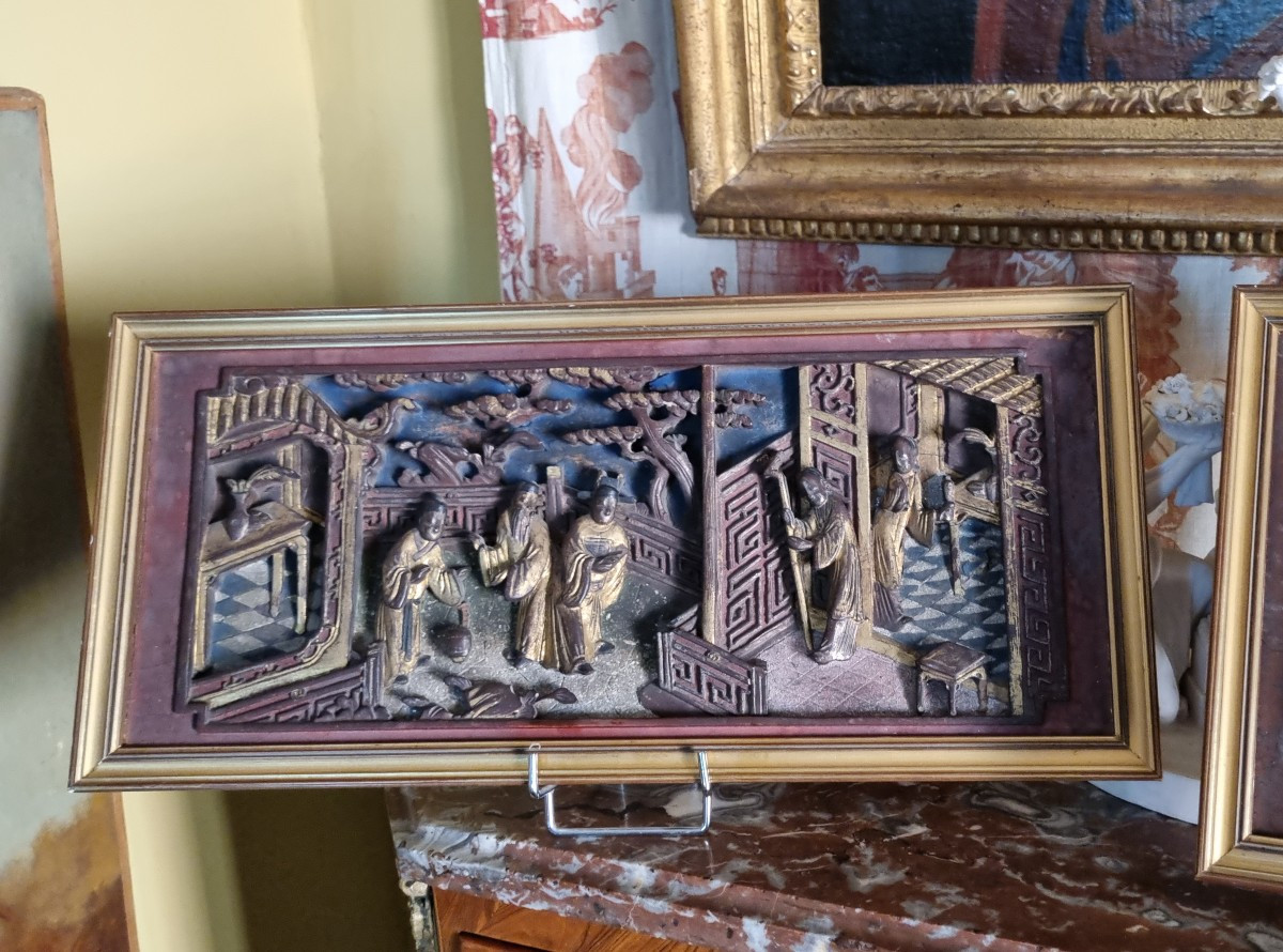 Pair Of Chinese Furniture Elements China 19th C. Gilded Carved Wood-photo-2