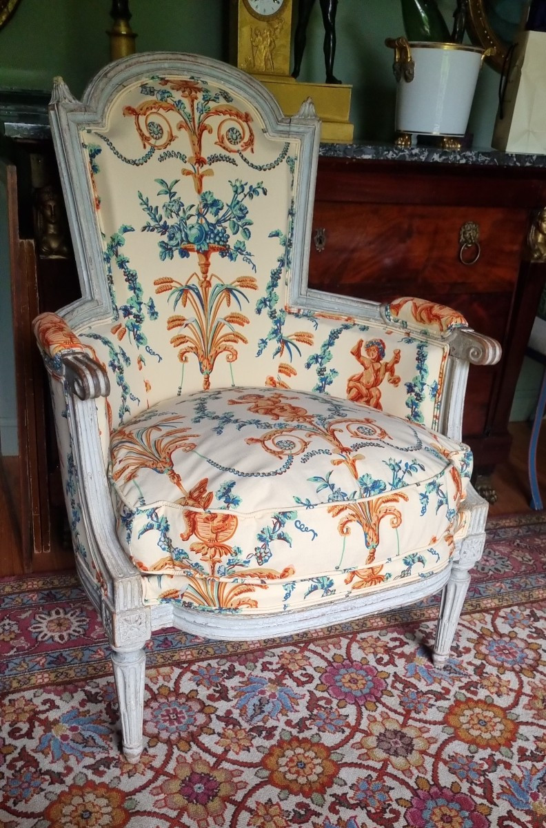  Louis,xvi Period Painted Wood Bergere Braquenie Fabric