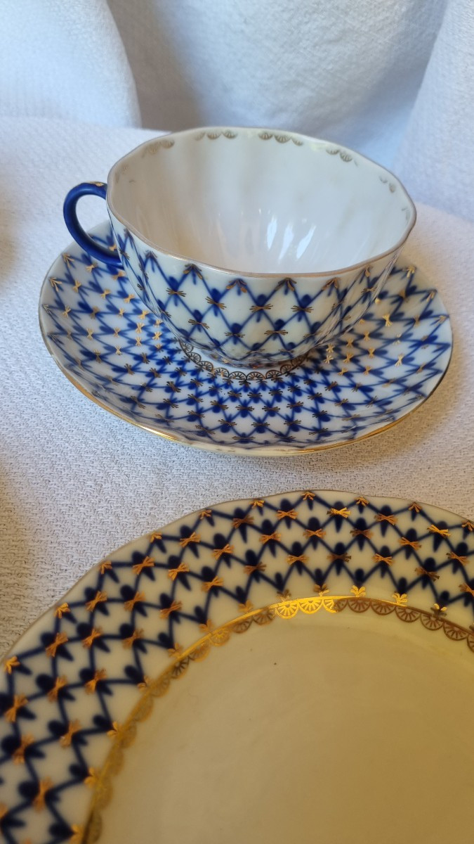 Ensemble  bleu cobalt or porcelaine Lomonosov de St-Petersbourg porcelaine impériale russe-photo-3