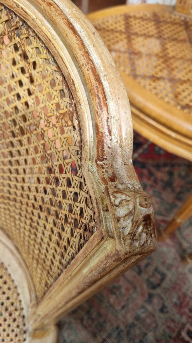 4 Louis XVI Style Chairs Stamped By André Mailfert Caning Patina Set-photo-3