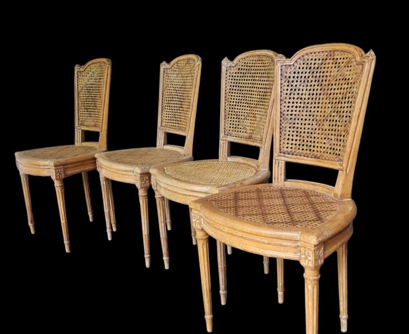 4 Louis XVI Style Chairs Stamped By André Mailfert Caning Patina Set-photo-7