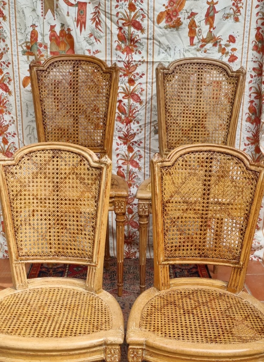 4 Louis XVI Style Chairs Stamped By André Mailfert Caning Patina Set