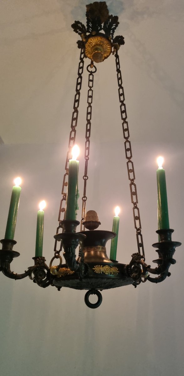LUSTRE EN BRONZE DORÉ ET PATINÉ EPOQUE EMPIRE CHARLES X DEBUT XIXe SUSPENSION-photo-2