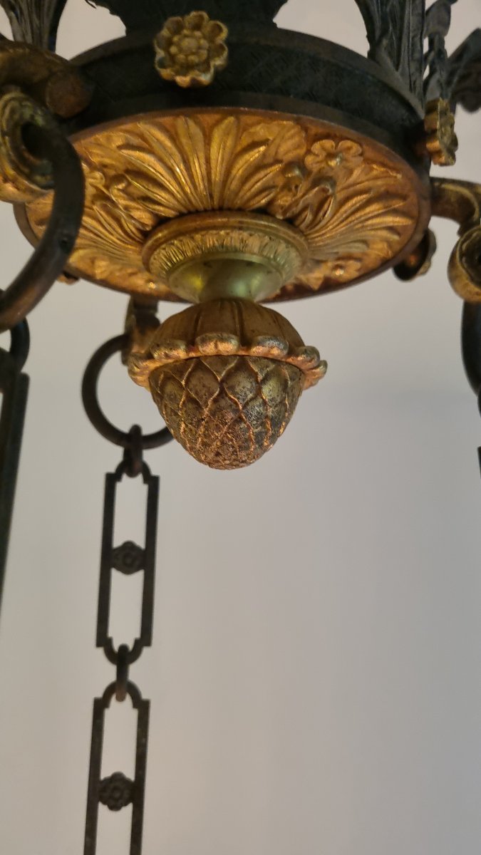 LUSTRE EN BRONZE DORÉ ET PATINÉ EPOQUE EMPIRE CHARLES X DEBUT XIXe SUSPENSION-photo-3