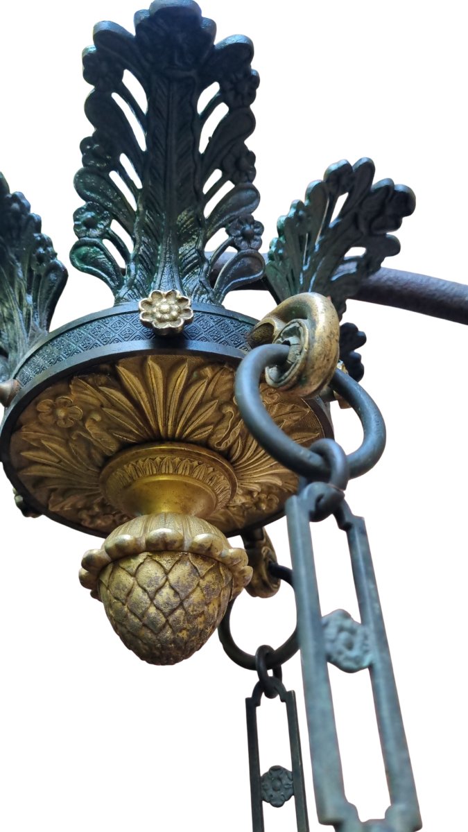 LUSTRE EN BRONZE DORÉ ET PATINÉ EPOQUE EMPIRE CHARLES X DEBUT XIXe SUSPENSION-photo-4