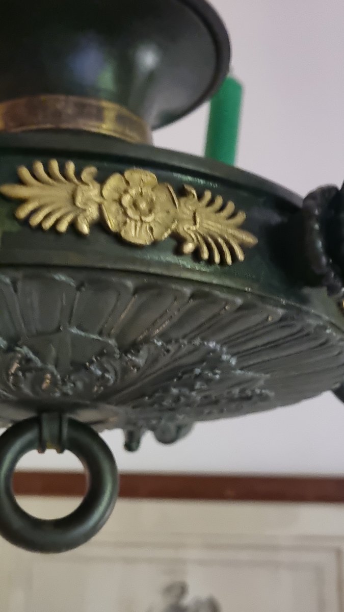 LUSTRE EN BRONZE DORÉ ET PATINÉ EPOQUE EMPIRE CHARLES X DEBUT XIXe SUSPENSION-photo-1