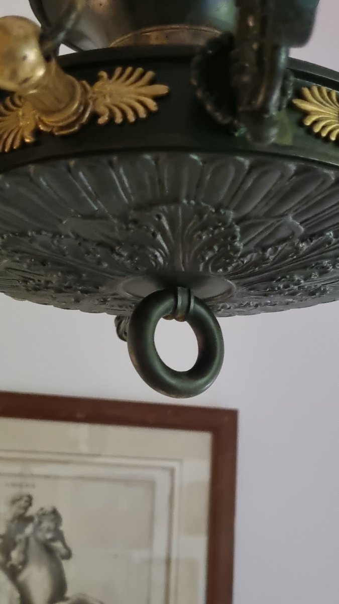 LUSTRE EN BRONZE DORÉ ET PATINÉ EPOQUE EMPIRE CHARLES X DEBUT XIXe SUSPENSION-photo-2