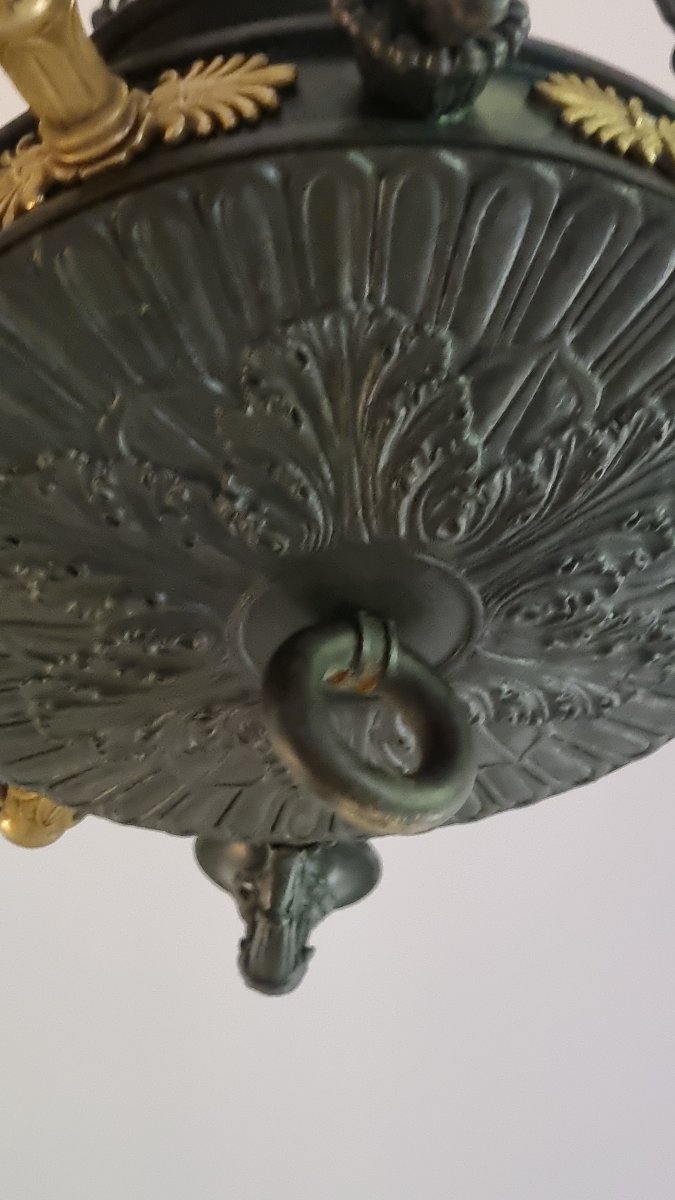 LUSTRE EN BRONZE DORÉ ET PATINÉ EPOQUE EMPIRE CHARLES X DEBUT XIXe SUSPENSION-photo-7