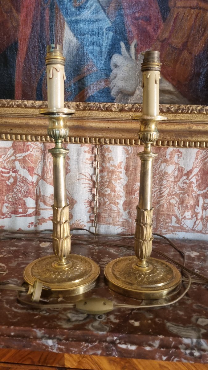 BOUGEOIRS PAIRE FLAMBEAUX EMPIRE BRONZE DORÉ ÉPOQUE  ORMOULU-photo-2