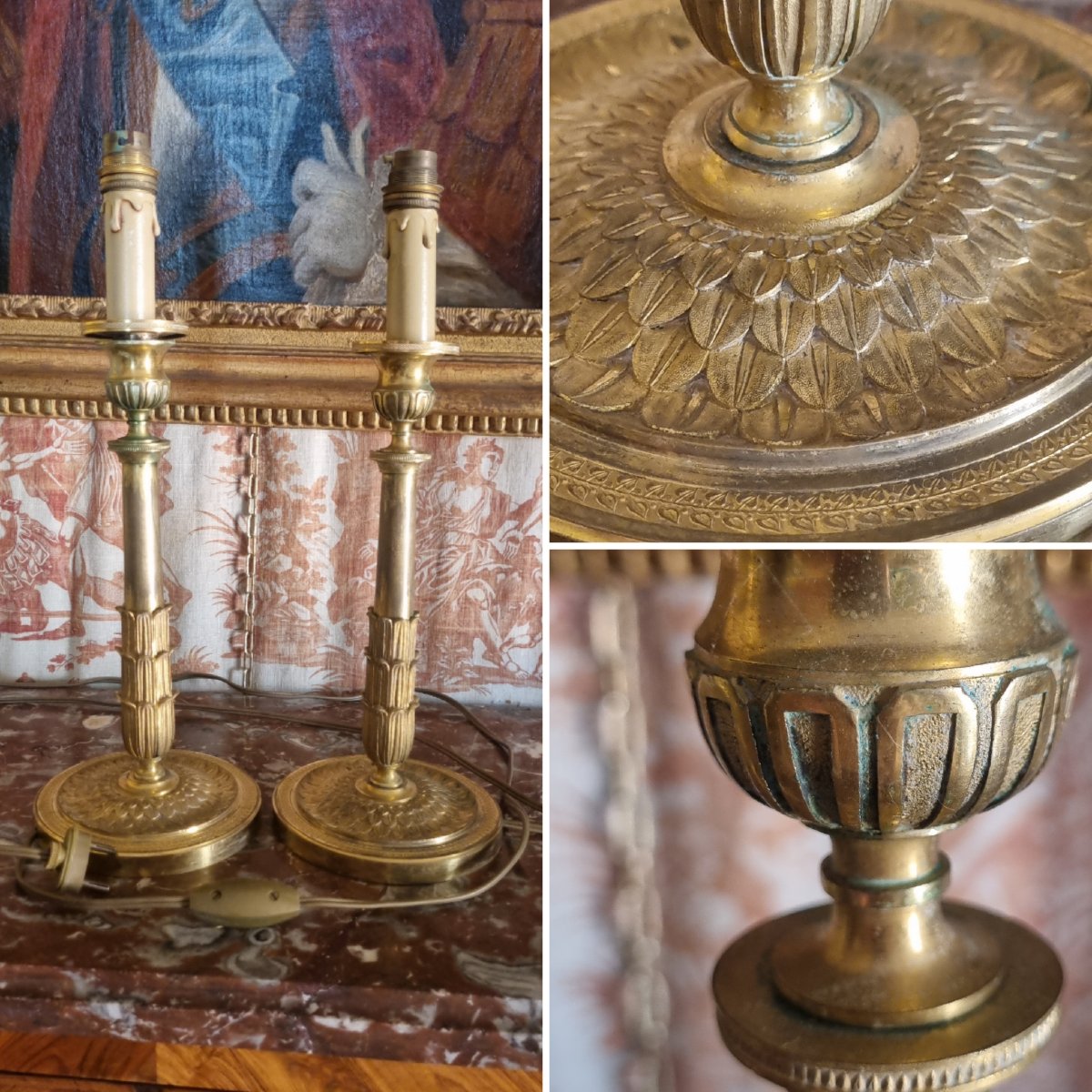 BOUGEOIRS PAIRE FLAMBEAUX EMPIRE BRONZE DORÉ ÉPOQUE  ORMOULU