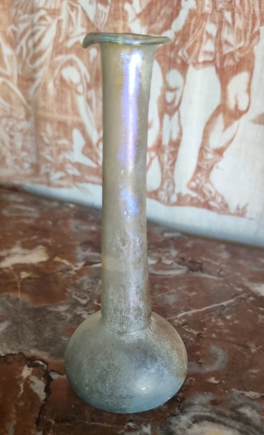 Iridescent Glass Balsam Vase From The Roman Period, 1st–3rd Century, Antiquity 