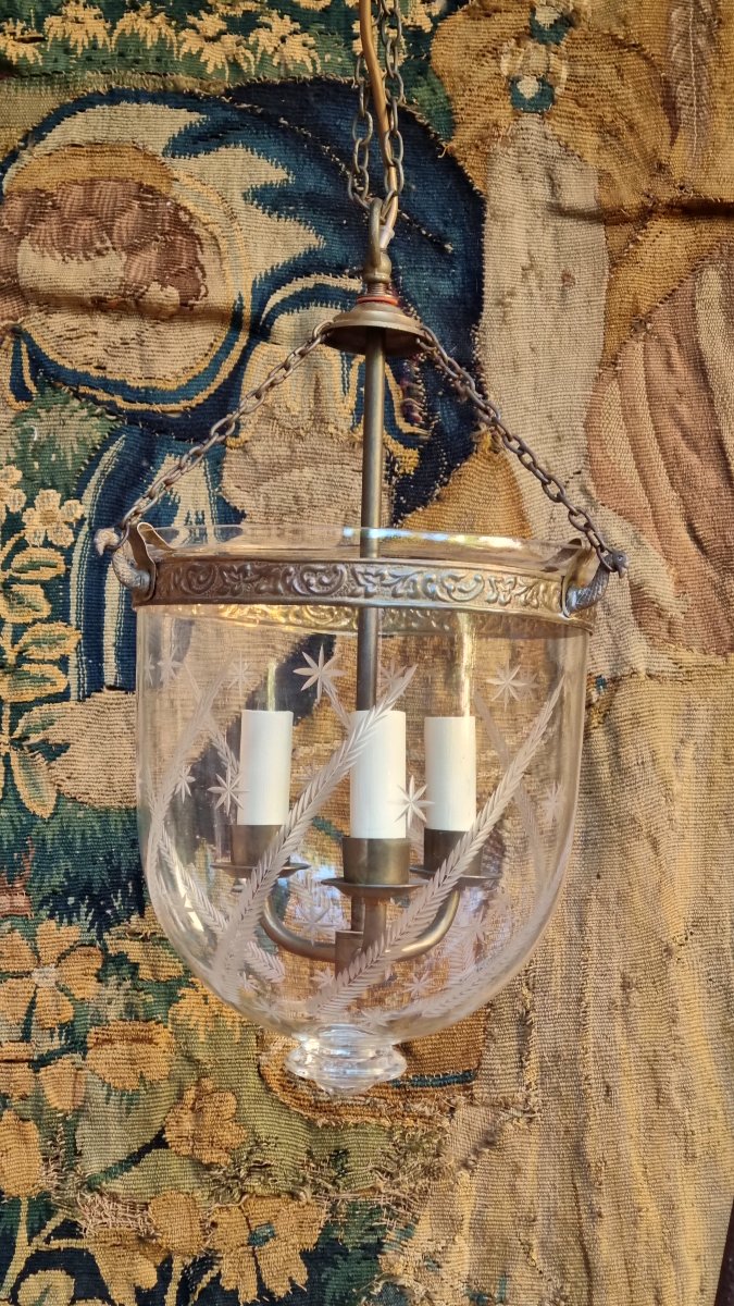 19th-century Hand-blown And Engraved Glass Lantern Pendant Chandelier -photo-1