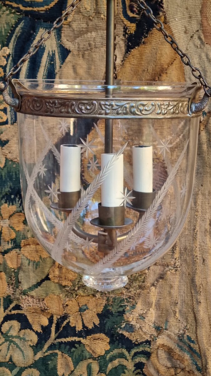 19th-century Hand-blown And Engraved Glass Lantern Pendant Chandelier -photo-2