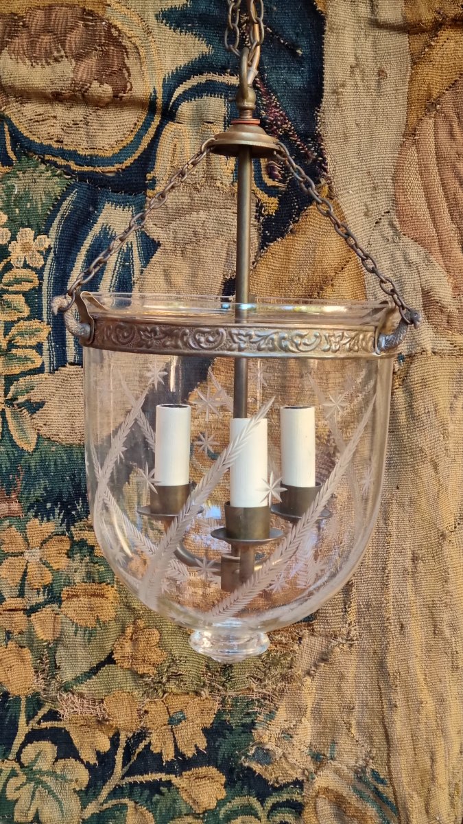 19th-century Hand-blown And Engraved Glass Lantern Pendant Chandelier -photo-4