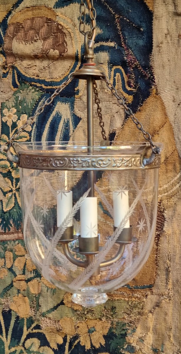 19th-century Hand-blown And Engraved Glass Lantern Pendant Chandelier -photo-5