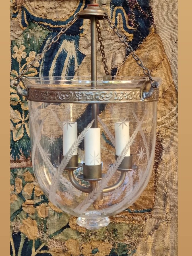 19th-century Hand-blown And Engraved Glass Lantern Pendant Chandelier 