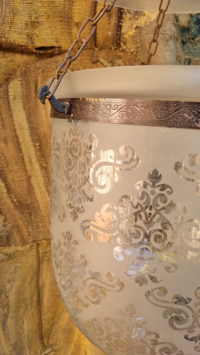 19th-century Engraved Glass Lantern, Hanging Chandelier For The Entryway-photo-2
