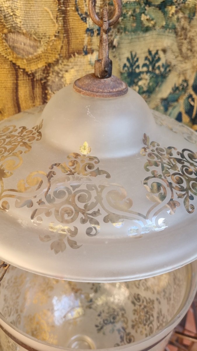 19th-century Engraved Glass Lantern, Hanging Chandelier For The Entryway-photo-2