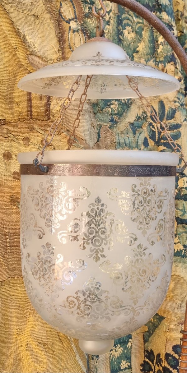 19th-century Engraved Glass Lantern, Hanging Chandelier For The Entryway