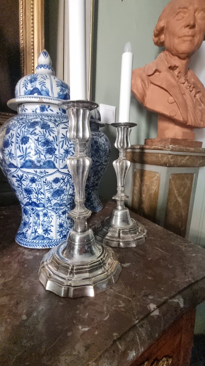 PAIRE DE BOUGEOIRS ÉPOQUE LOUIS XV XVIIIe METAL ARGENTÉ FLAMBEAUX -photo-2