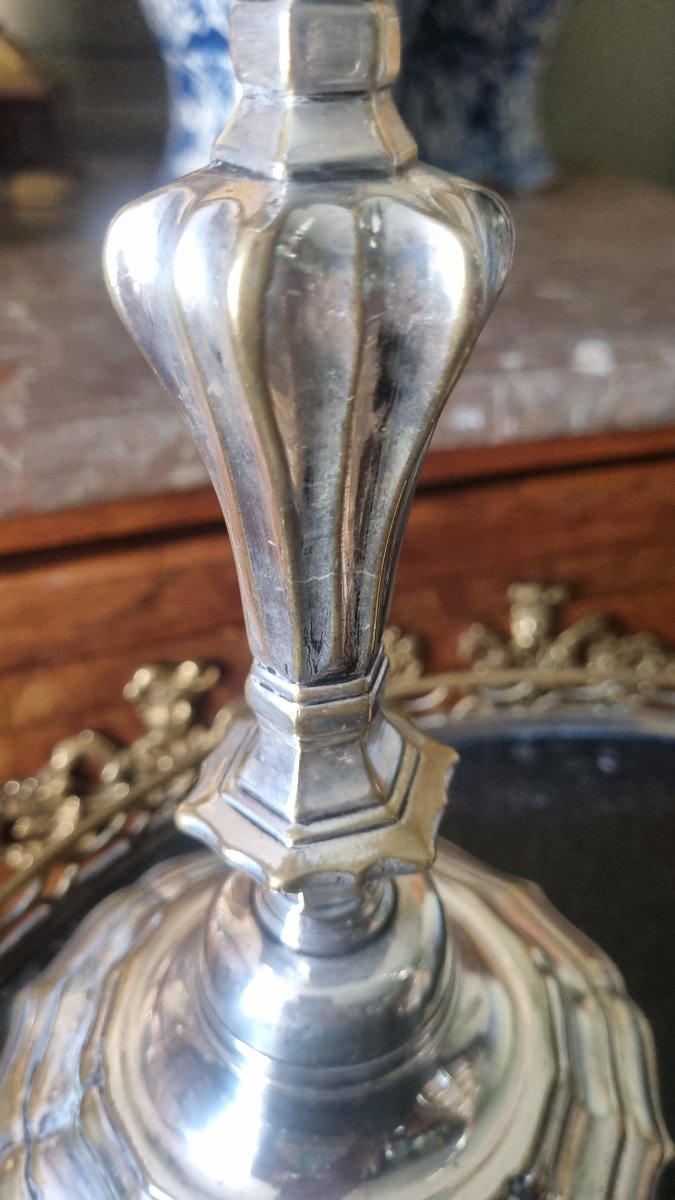 PAIRE DE BOUGEOIRS ÉPOQUE LOUIS XV XVIIIe METAL ARGENTÉ FLAMBEAUX -photo-2