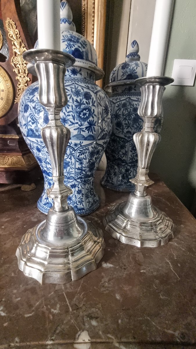 PAIRE DE BOUGEOIRS ÉPOQUE LOUIS XV XVIIIe METAL ARGENTÉ FLAMBEAUX 