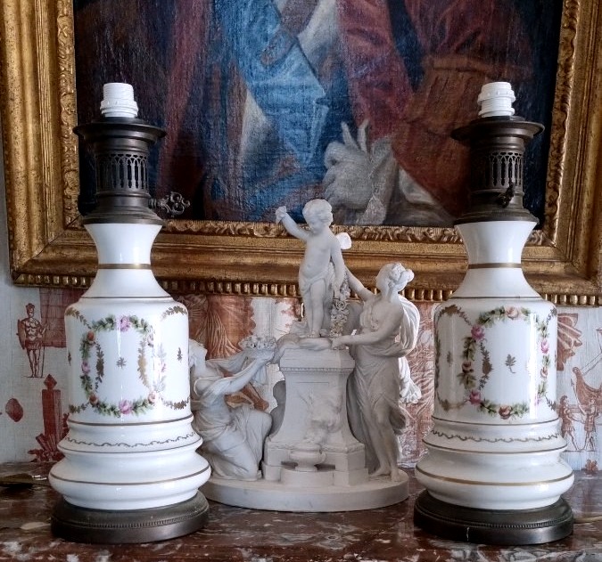 Pair Of Electrified Kerosene Lamps From The Napoleon III Era, Paris Porcelain