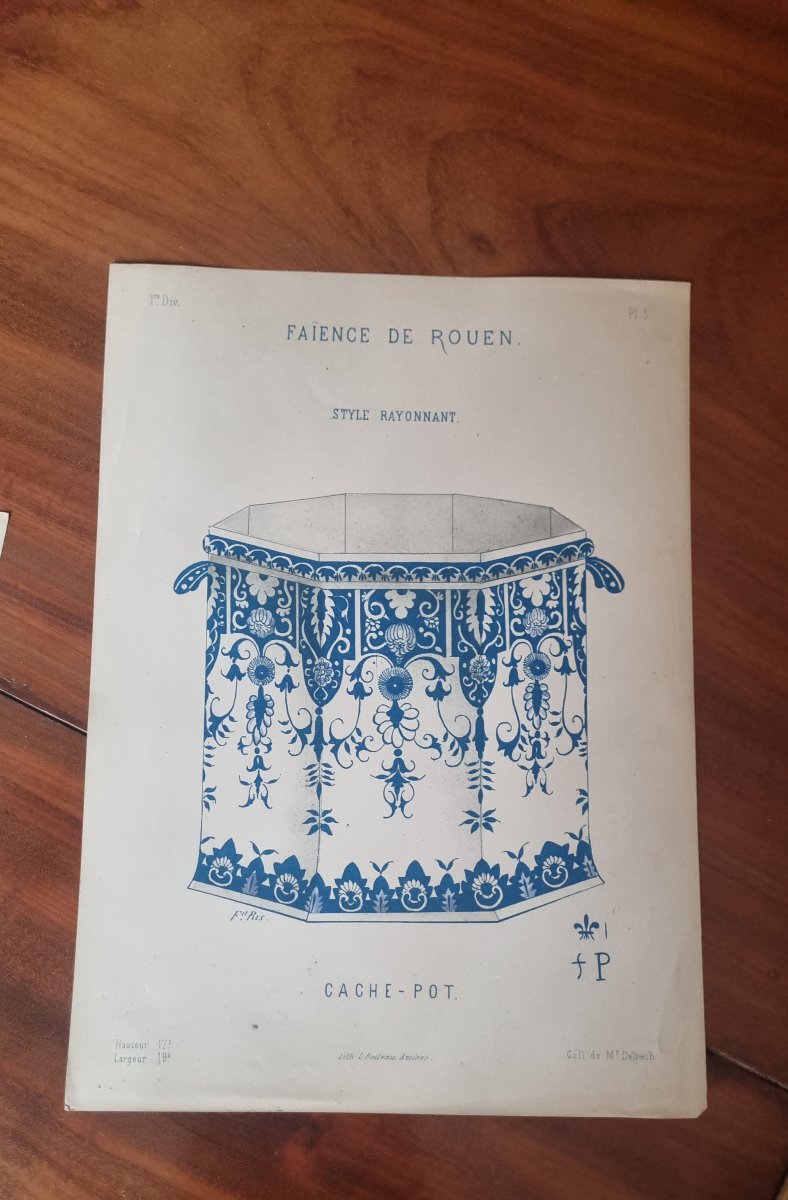 12 GRAVURES ESTAMPES SERIE FAIENCE DE ROUEN XIXe-photo-3