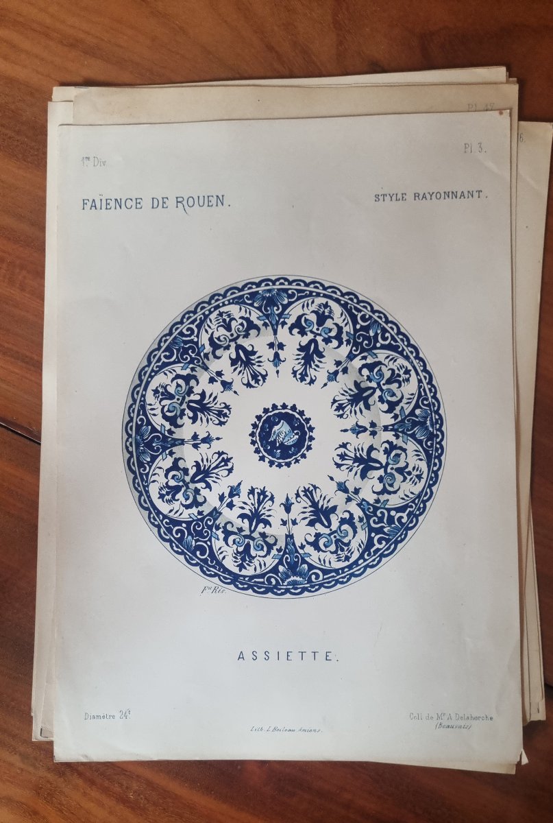12 GRAVURES ESTAMPES SERIE FAIENCE DE ROUEN XIXe-photo-1
